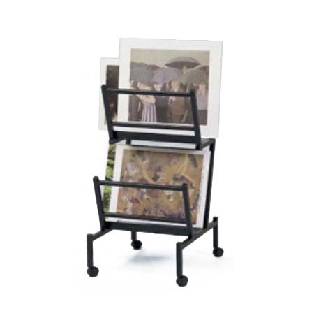 Rolling Mini Gallery Art Bin Two-Tier, Steel Constructed Floor Stand for Browsing Prints and Posters